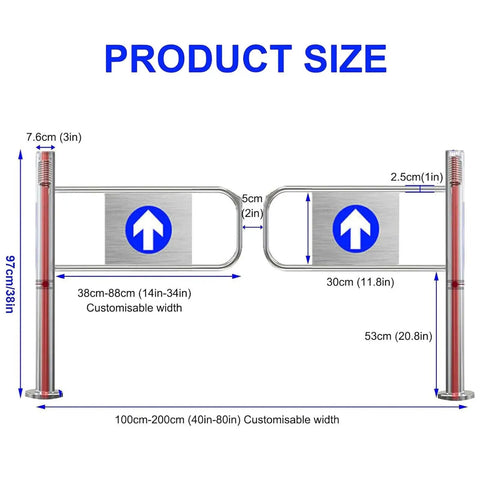 Rock Solid Industrial Heavy Duty Spring Loaded Safety Swing Gate With One Way Revolving Design For High Traffic Retail No Sweat Setup Smooth Automatic Closing Barrier Built Tough, size diagram with dimensions.