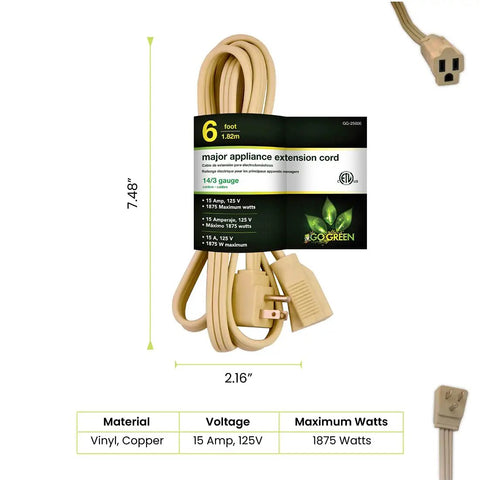 Beige Beefy Heavy Duty 6 Ft Appliance Cord 14 Gauge 3 Conductor With Grounded 3 Prong Right Angle Plug For Large Appliances
