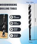 1 Inch By 9 Inch Auger Drill Bit For Wood With Hex Shank Pro Grade Tri Flute Design and specs highlighting 1045 steel.