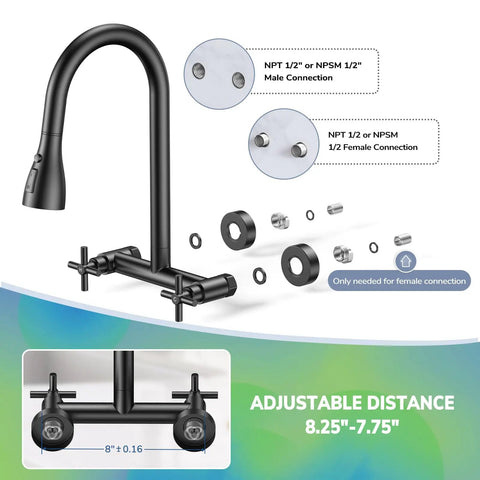 HURRAN Wall Mount Kitchen Faucet with Pull Down Sprayer, Matte Black Kitchen Sink Faucet, detailed installation parts and adjustable distance