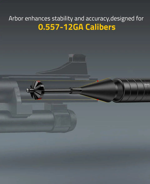 Rechargeable Green Laser Bore Sight Kit With 32 Adapters for 0.557-12 GA Calibers showing enhanced stability and accuracy.