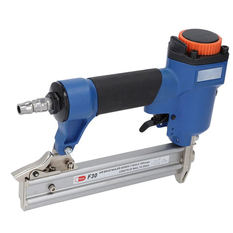 Close-up view of Badass Precision Pneumatic Brad Nailer 18 Gauge Air Powered Nail Gun with ergonomic grip for woodworking.