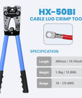 All In One Battery Cable Lug Crimper Kit With Heavy Duty Wire Cutter And Heat Shrink Tubing Includes 60 Copper Lugs shown in blue with specifications