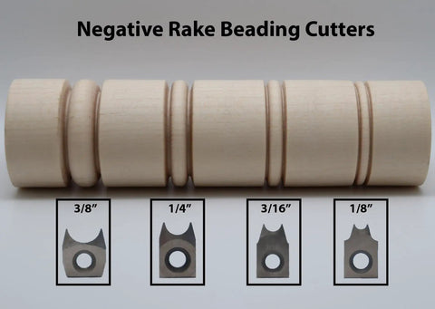 Pro Grade 3/16 Inch Negative Rake Beading Cutter For Woodturning Lathe Projects shown with wooden beads and carbide cutting heads.
