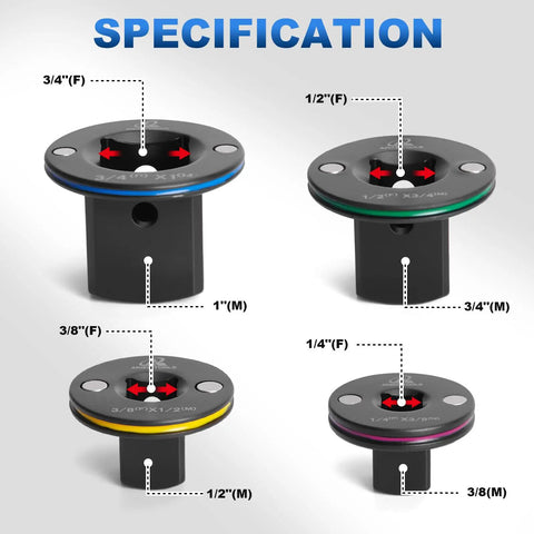 Low Profile Socket Adapter Set for Impact Wrenches, 4 Pack Magnetic Hold Converters specifications diagram