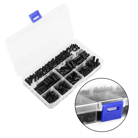 250 Piece Nylon PA66 M2 And M3 Hex Column Standoff Spacer Kit With Male And Female Hardware For DIY Electronics And Nerd Builds Includes Nuts And Screws Four Assorted Sets For Versatile Projects And Efficient Heat Dissipation. Black nylon standoff spacer kit in organizer box