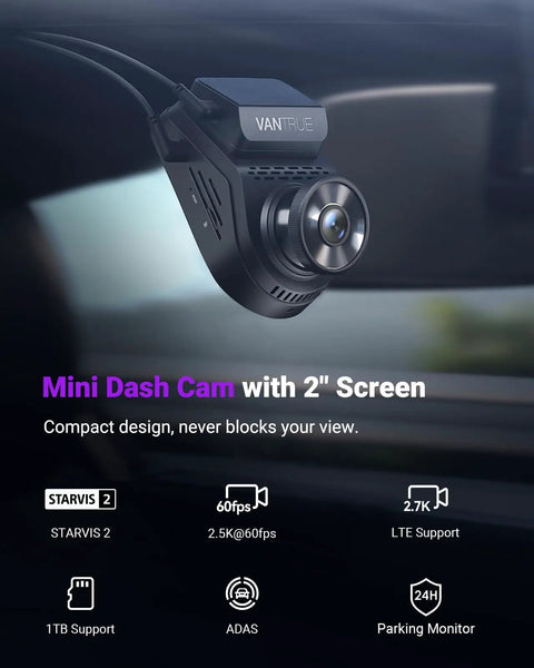 S1 Pro Front Dash Cam 2.7K Mini With STARVIS 2 Sensor, ADAS, App Control, Built In WiFi GPS mounted on windshield
