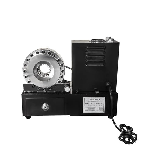 Heavy Duty 110V Electric Hydraulic Hose Crimper With Nine Premium Steel Dies For Easy Four To Twenty Eight Millimeter Fitting Work, front view showing design and components.