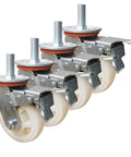 Heavy Duty Nylon Swivel Casters With Locking Brake, 4 Inch Threaded Stem Wheels view showing four caster wheels with locking mechanisms.