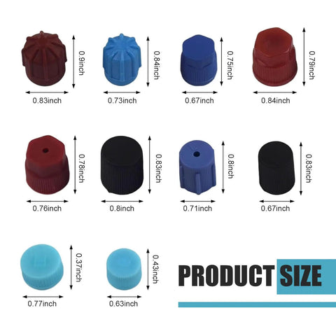 26 Pcs R12 R134a AC Caps Kit For Car 10 Size Air Conditioning Port Covers in various colors and sizes with measurements