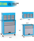 Eight Drawer Rolling Tool Chest On Wheels With Lockable Casters Detachable Top Bottom Cabinet And Side Hooks Heavy Duty Mechanic Tool Organizer For Garage Workshop Or Home Shop Storage, blue steel, 24.3 in