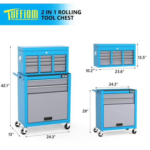 Eight Drawer Rolling Tool Chest On Wheels With Lockable Casters Detachable Top Bottom Cabinet And Side Hooks Heavy Duty Mechanic Tool Organizer For Garage Workshop Or Home Shop Storage, blue steel, 24.3 in