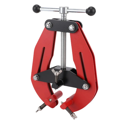 Heavy Duty Adjustable Pipe Alignment Clamp With Quick Acting Dual Handle Screws For Precise Welding and Perfect Fit on 2 to 6 Inch Pipes, red and black design.