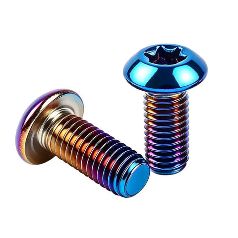 M5 X 10mm 10 Pack Torx T25 Head Screws 304 Stainless Steel Bolts Burnt Blue Titanium Coated Fasteners shown from an angle.
