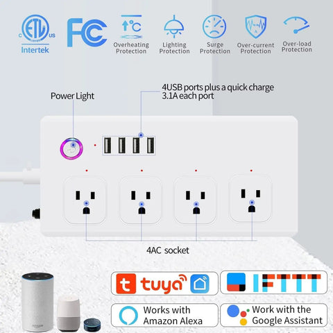 Total Game Changer Smart ZigBee Power Strip With Four Independently Switched Outlets And Custom Timer showing four AC outlets and USB ports.