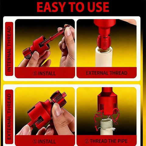 4 In 1 Universal Water Pipe Wrench With Threader Set For 1/2 3/4 And 1 Inch Pipes showing internal and external threading installation steps.