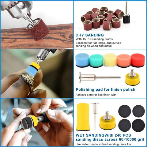 Pro Grade All In One 268 Piece 1 Inch Wet And Dry Sanding Kit for rotary tools shown sanding wood and polishing jewelry.