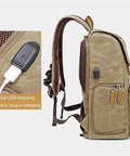 Side view of Beefy Retro Batik Canvas Backpack For DSLR Gear, Laptop Port, with external USB charging interface