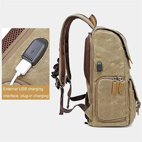 Side view of Beefy Retro Batik Canvas Backpack For DSLR Gear, Laptop Port, with external USB charging interface
