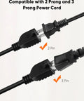 Image showing compatibility of 2 Pack 1 Foot Power Extension Cord 16 AWG Right Angle Low Profile AC Adapter Extension Wire with 2 and 3 prong power cords.