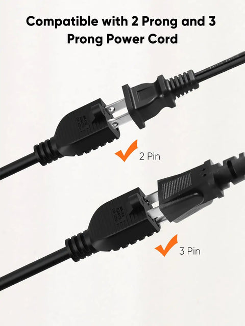 Image showing compatibility of 2 Pack 1 Foot Power Extension Cord 16 AWG Right Angle Low Profile AC Adapter Extension Wire with 2 and 3 prong power cords.