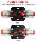 40 Amp Inline Circuit Breaker With Manual Reset Fuse Holder, showing switch button in off and closed positions, temperature range