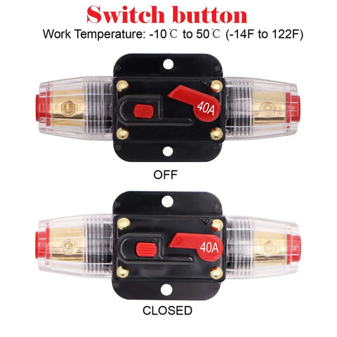 40 Amp Inline Circuit Breaker With Manual Reset Fuse Holder, showing switch button in off and closed positions, temperature range