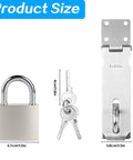 Stainless Steel Padlock Latch 5 Inch Heavy Duty Locking Hasps for Cabinets Closets and Doors with Keyed Lock, product dimensions shown