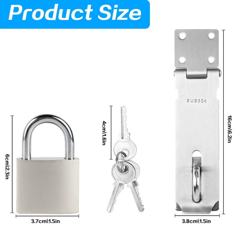 Stainless Steel Padlock Latch 5 Inch Heavy Duty Locking Hasps for Cabinets Closets and Doors with Keyed Lock, product dimensions shown
