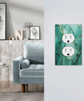 Turquoise And Gold Gemstone Marble Texture Switch Plate One Gang Duplex Outlet Cover in modern living room design.