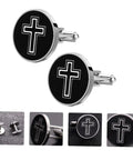 Cross Cufflinks For Men In Titanium Steel, Black Decorative Shirt Buttons on white background, slick fasteners detail view