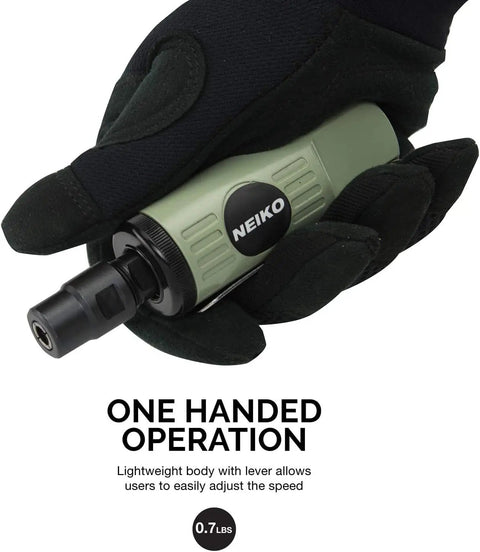 Workhorse 1/4 Inch Air Die Grinder Pushing 24000 Rpm Free Speed, Compact Straight Rotary Tool held in hand for easy operation.