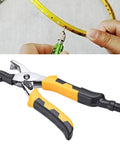 Top Shelf Heavy Duty Electric Crimping Machine For Badminton Rackets With Trumpet Pliers, detailed view of pliers in use.