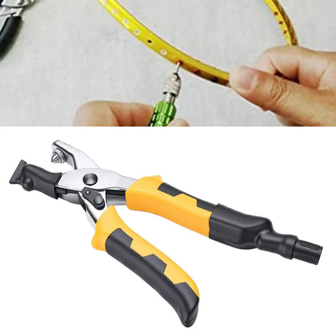 Top Shelf Heavy Duty Electric Crimping Machine For Badminton Rackets With Trumpet Pliers, detailed view of pliers in use.