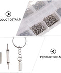All In One 1100Pcs Stainless Steel Eyeglass Screw Kit with nuts, hinges, compact case, and precision screwdriver tool.