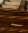 Set Of 6 Cabinet Pulls 3 Inch Center To Center Antique Brass Finish on wooden drawer with books on top