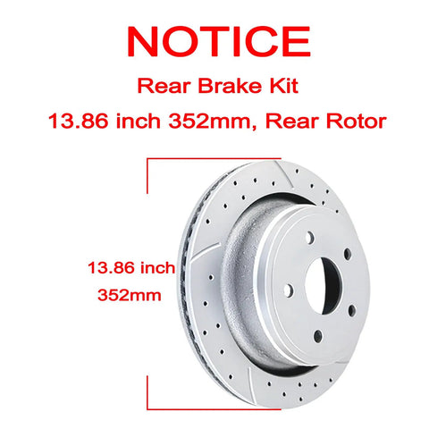 Dodge Ram 1500 Rear Brake Kit With 13.86 Inch Drilled And Slotted Rotors And Ceramic Pads For 5 Lug Fit Durango Aspen Includes Hardware 2 Rear Rotors And 4 Pads For Quick Bolt On Braking Power product diagram showing 13.86 inch drilled rotor