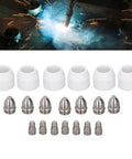 20Pack Plasma Cutter Torch Consumables Kit With Stainless Steel Electrode Nozzles And Ceramic Wear Resistant Tips arranged on a workbench.
