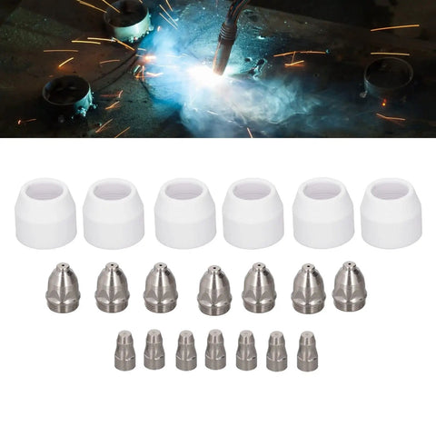 20Pack Plasma Cutter Torch Consumables Kit With Stainless Steel Electrode Nozzles And Ceramic Wear Resistant Tips arranged on a workbench.
