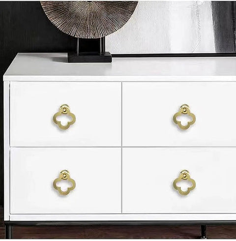Set Of 6 Gold Color Bronze Alloy Cabinet Knobs With 4 Leaf Clover Design 50mm Drawer Pulls For Kitchen Cupboards Wardrobes And Dressers Screws Included Sleek Modern Hardware For Home Decor Upgrade.