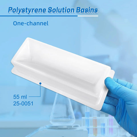 Angled front view of white 55 ml single-channel polystyrene reagent reservoir held by gloved hand
