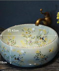 Bathroom Vessel Sink, Countertop Basin Bird Kitchen Basin Sink, Ceramic Sink, round design with floral art and faucet.