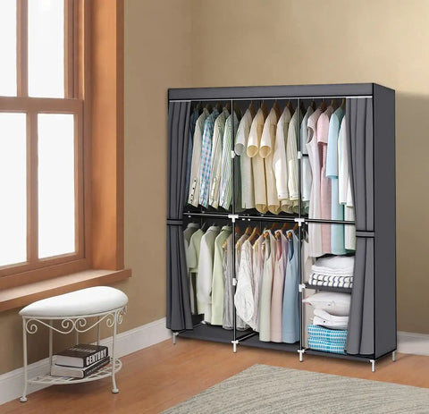 Grab And Go Portable Wardrobe Closet 50 Inch With Hanging Rods And Nonwoven Fabric Cover Dustproof Space Saving Clothes Organizer In Grey