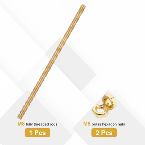 Brass Fully Threaded Rod M8 x 1.25 Pitch Right Hand Threads With Solid Brass Hex Nuts, 200mm Long Heavy Duty Fasteners For Anchors Bolts Hangers