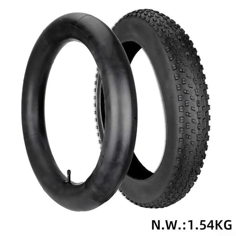 Heavy Duty 20x4.0 Fat Bike Tire Built For Wild E-Bike Rides With Thick Rubber That Handles Rough Trails And Tough Torque To Keep You Smashing It All Day Long. Black 20x4.0 fat bike tire and tube, thick rubber, knobby tread for e-bike off-road use
