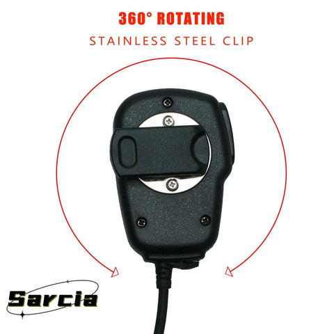 Remote Shoulder Speaker Microphone With Reinforced Cable showing 360° rotating stainless steel clip