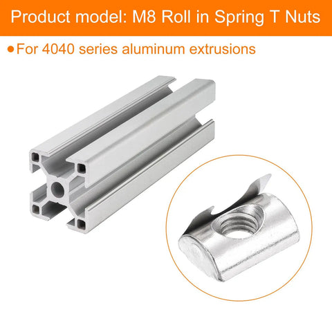 Built Different M8 Roll In Spring T Nuts For 4040 Aluminum Extrusion Frames shown with aluminum profile and close-up of T nut.