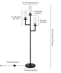 Three Light Torchiere Floor Lamp With Glass Shades In Blackened Bronze And Clear Finish, dimensions labeled, side view