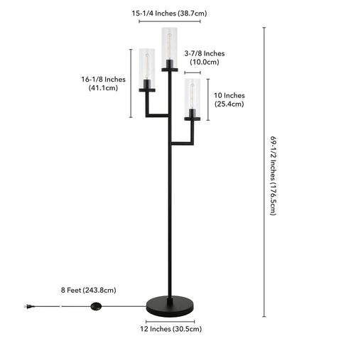 Three Light Torchiere Floor Lamp With Glass Shades In Blackened Bronze And Clear Finish, dimensions labeled, side view