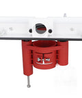DIY Router Lift Kit With Table Lift System For Router Table Insert Base Plate, 48mm Lifting Capacity, Clamp Range 2.51 To 2.58 Inches, Aluminum And Stainless Steel Build For Woodworking Slotting Trimming Machines. Front view of red and white router lift kit